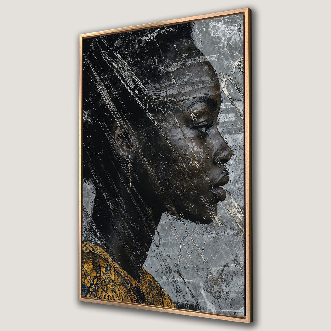 Framed Wall Art: Abstract portrait of a woman. Modern art in black, gold, and gray. Elevate your space with this stunning Canvas Print.