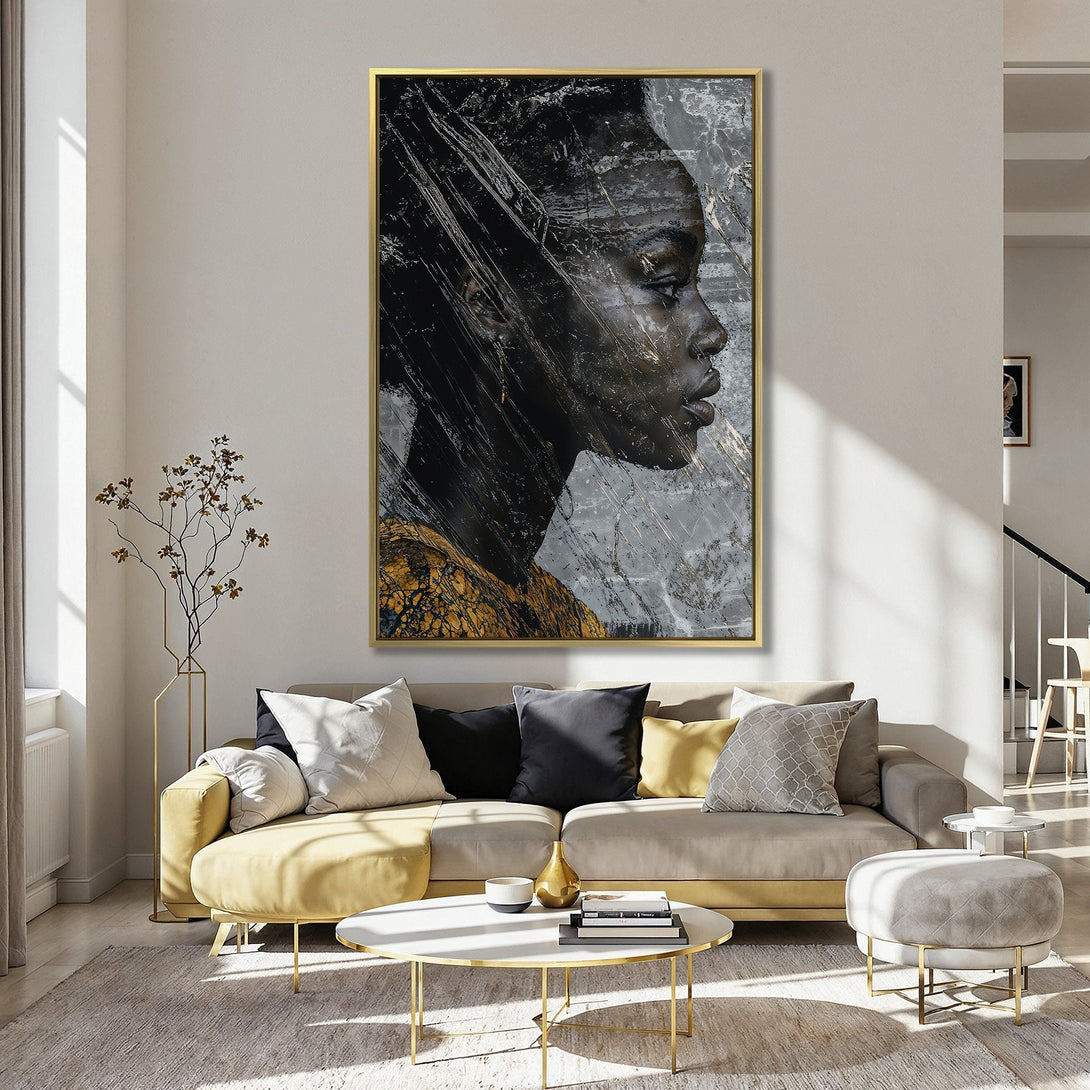Canvas Print featuring a striking black woman portrait in a modern, abstract style. The artwork's palette includes black, gold, and grey, perfect for any space.