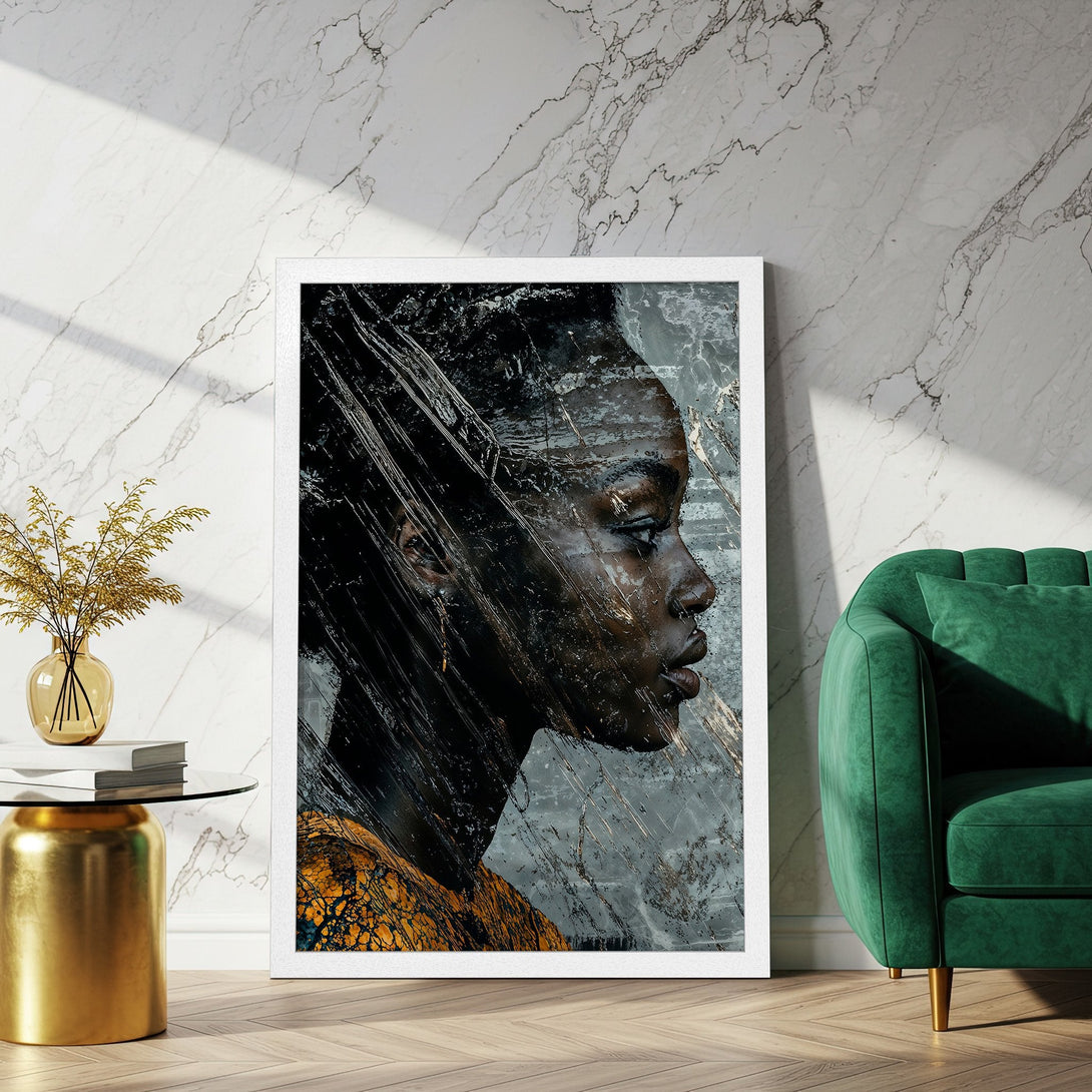 Framed Poster featuring a woman's portrait in abstract style, with black, gold, and grey tones. Modern art for your home.