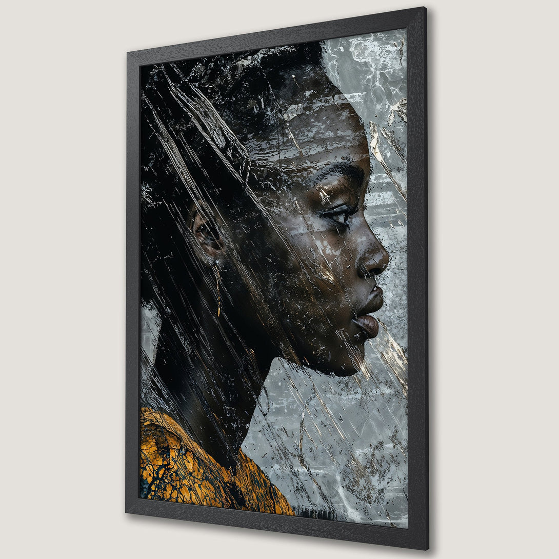Framed Poster of a Black woman in a modern art style. Features a black, gray, and gold color palette, perfect for home decor.