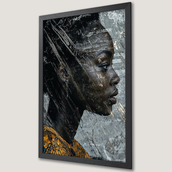 Framed Poster of a Black woman in a modern art style. Features a black, gray, and gold color palette, perfect for home decor.