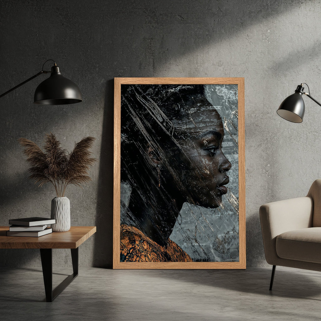 Framed Poster of African woman. Abstract, modern art style. Dark, moody color palette with gold accents. Perfect wall decor.