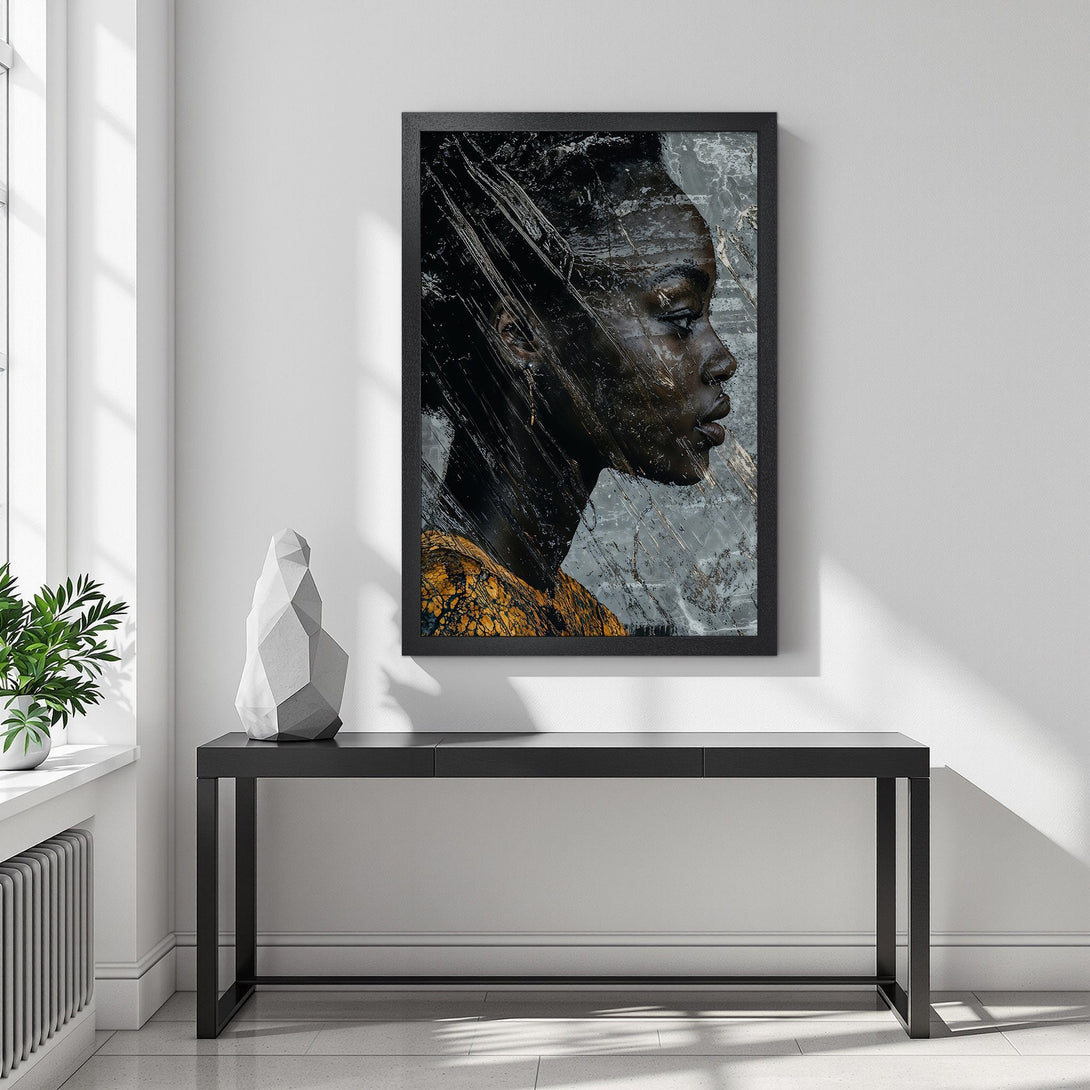 Framed Poster featuring a Black woman in profile, artistic style with a dark, grey, and gold color palette. Perfect wall art!