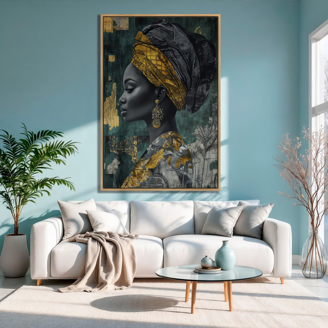 Framed Wall Art: Elegant African woman portrait in gold and teal. Modern art canvas print for stylish home decor.