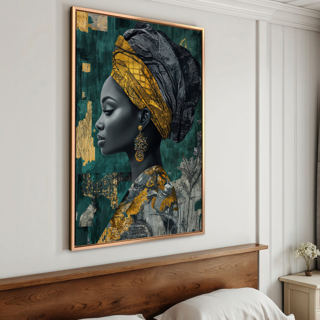 Framed Wall Art: Elegant portrait of a woman with a gold head wrap, teal and gold abstract background. Modern art for your home decor.