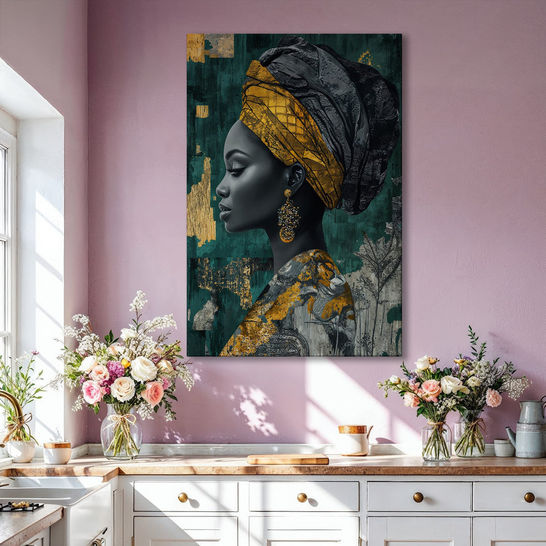 Framed Wall Art: Stunning African woman portrait in gold and teal tones. Modern abstract style Canvas Print adds elegance to any interior. Shop now!