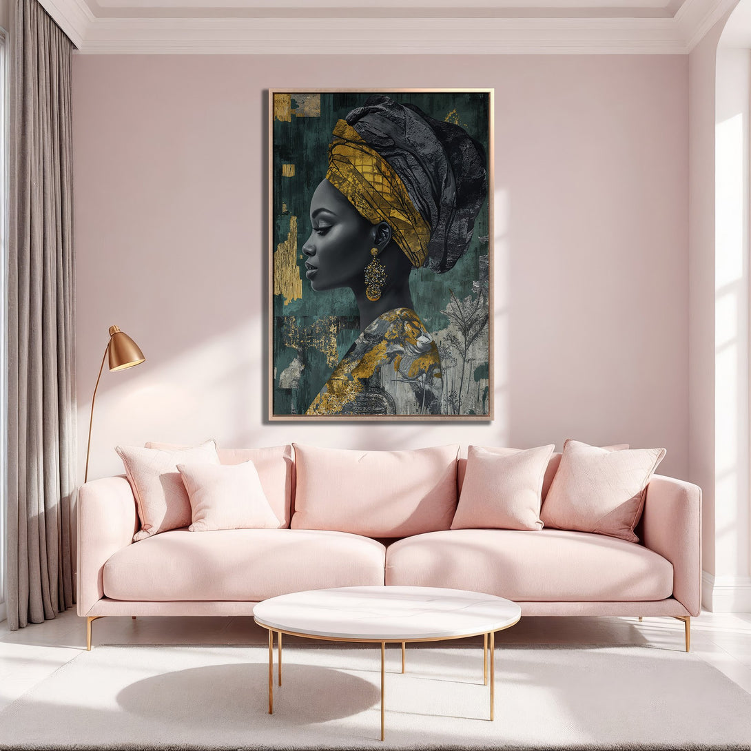 Framed Wall Art featuring a stylish woman in a head wrap, gold accents, and a dark teal and gold color palette. Perfect for adding elegance to your space!