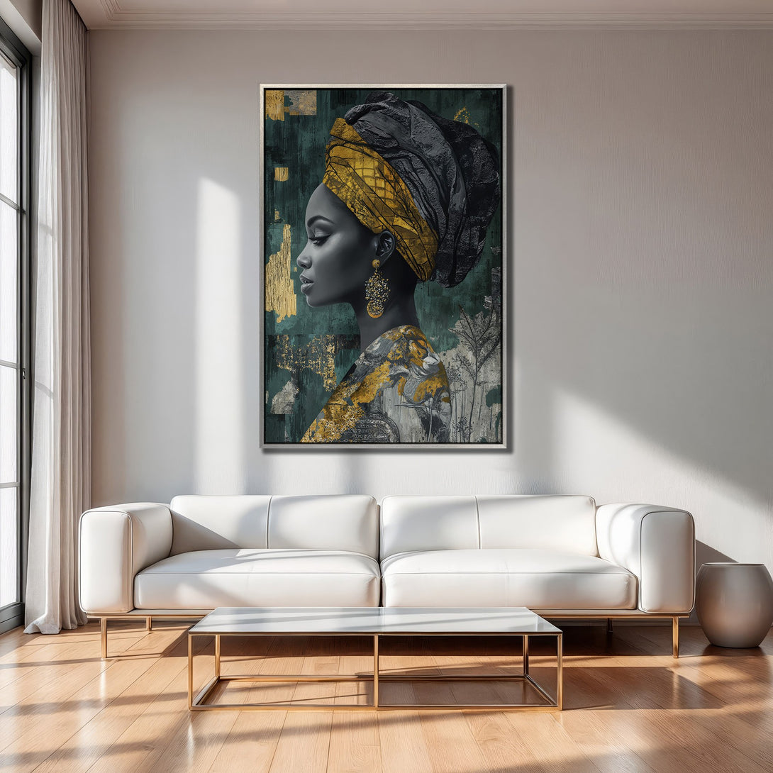 Framed Wall Art featuring a beautiful African woman in profile, with a teal, gold, and black color palette. Modern art for your home.