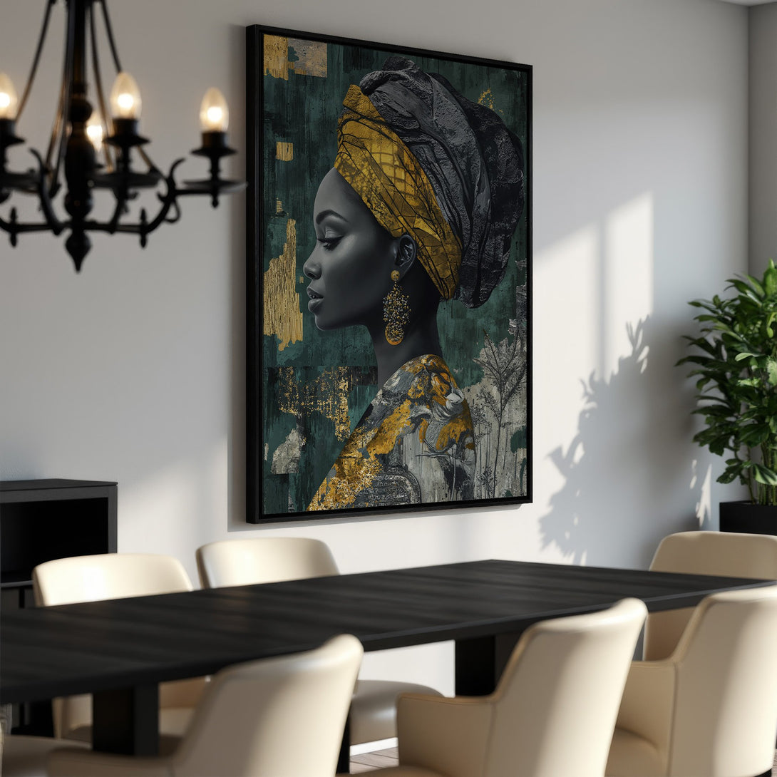 Framed Wall Art featuring an elegant woman with a gold head wrap. Modern abstract style with a teal, gold, and gray color palette. Perfect for dining room decor.
