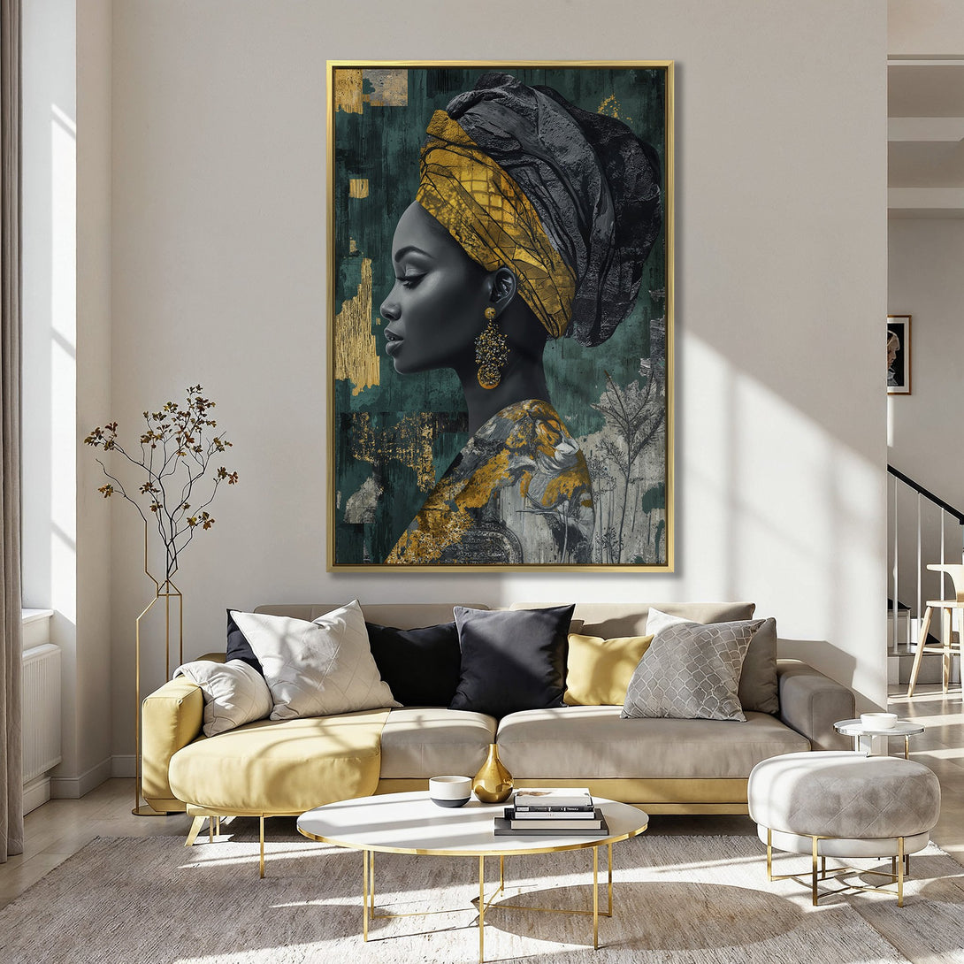 Canvas Print of a stylish woman, abstract art with gold accents, emerald green background, and a black and gold headwrap.