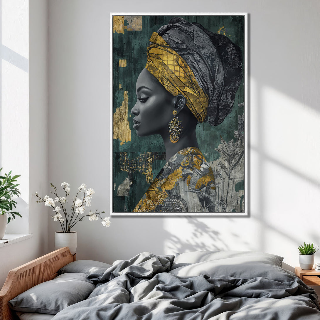 Framed Wall Art featuring an elegant woman in gold and black. Modern art print with teal and gold accents, perfect for bedroom decor.
