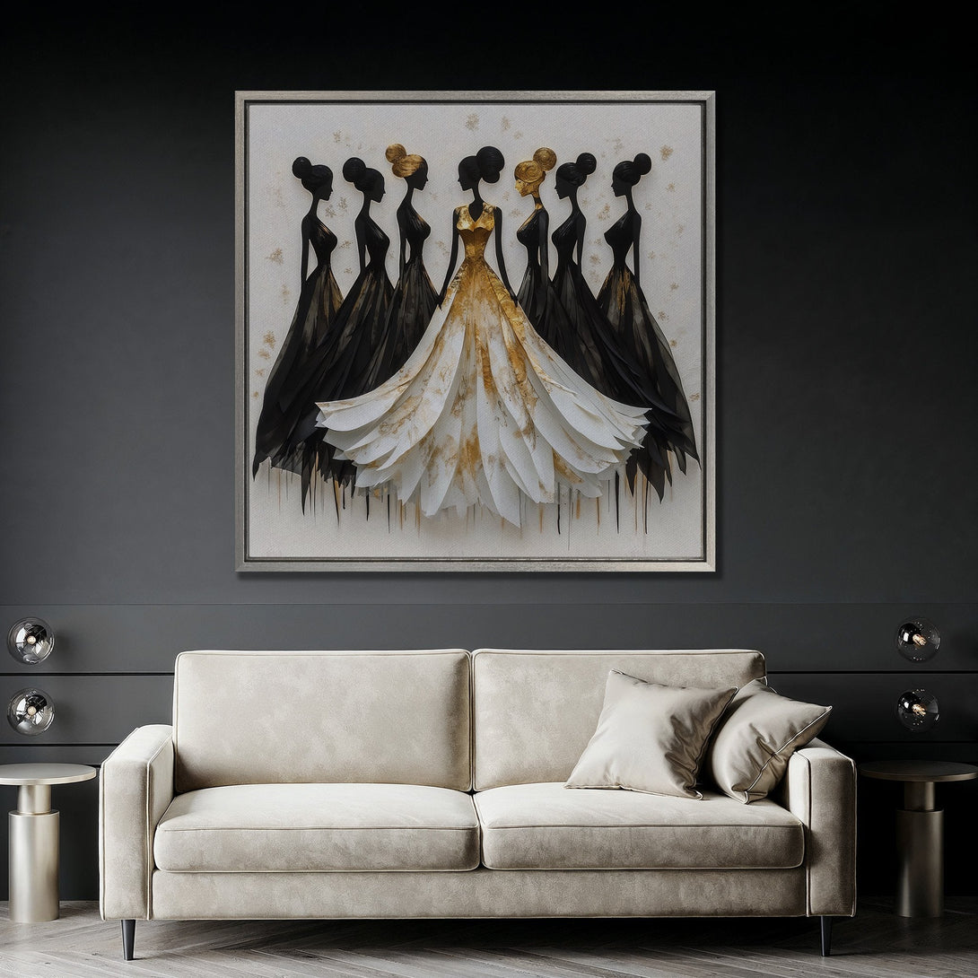 Framed Wall Art: Abstract black & gold figures. Modern art canvas print with monochrome palette, perfect for living room decor. Elegant and stylish.