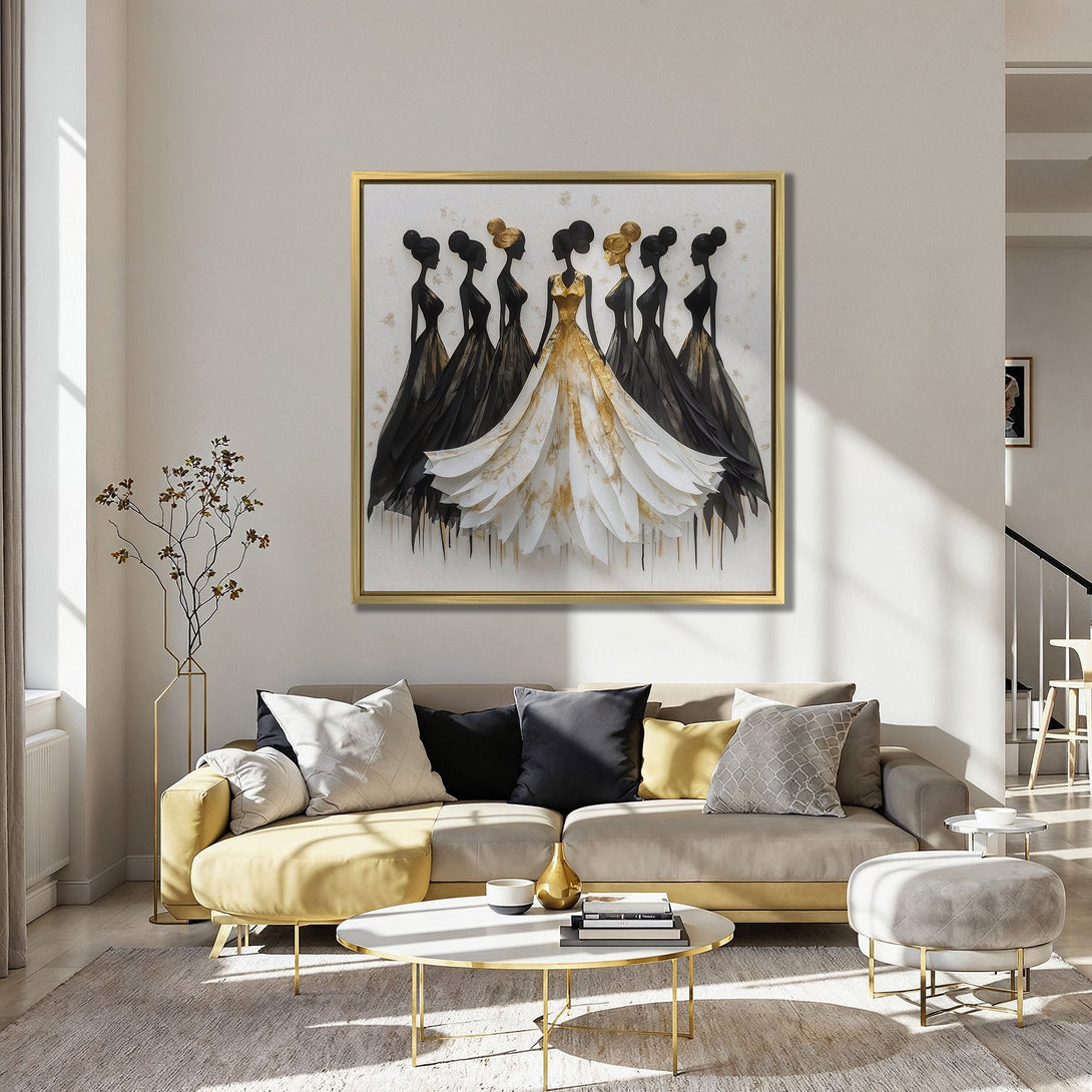 Canvas Print of elegant women in black and gold dresses, modern art style, against a blue wall.