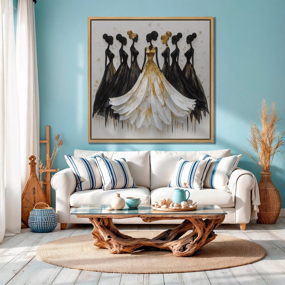 Framed Wall Art: Elegant black & gold women's figures canvas print. Modern art with a neutral and gold color palette, perfect for living room decor.