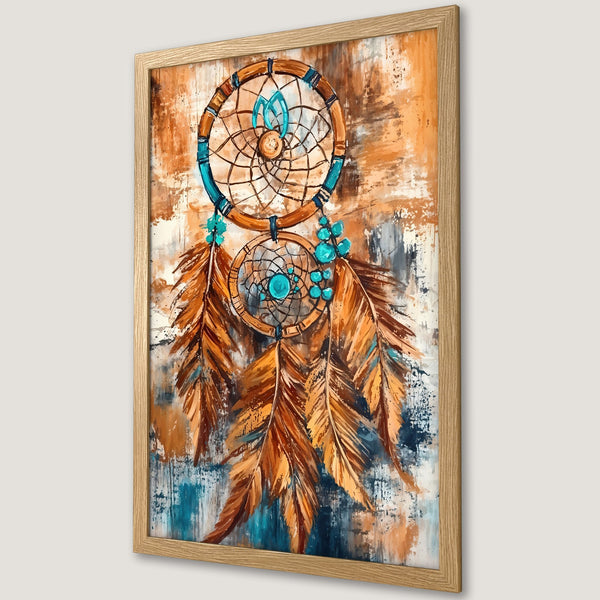 Framed Poster featuring a dreamcatcher in a bohemian style with a warm orange, blue, and brown color palette. Perfect wall art!
