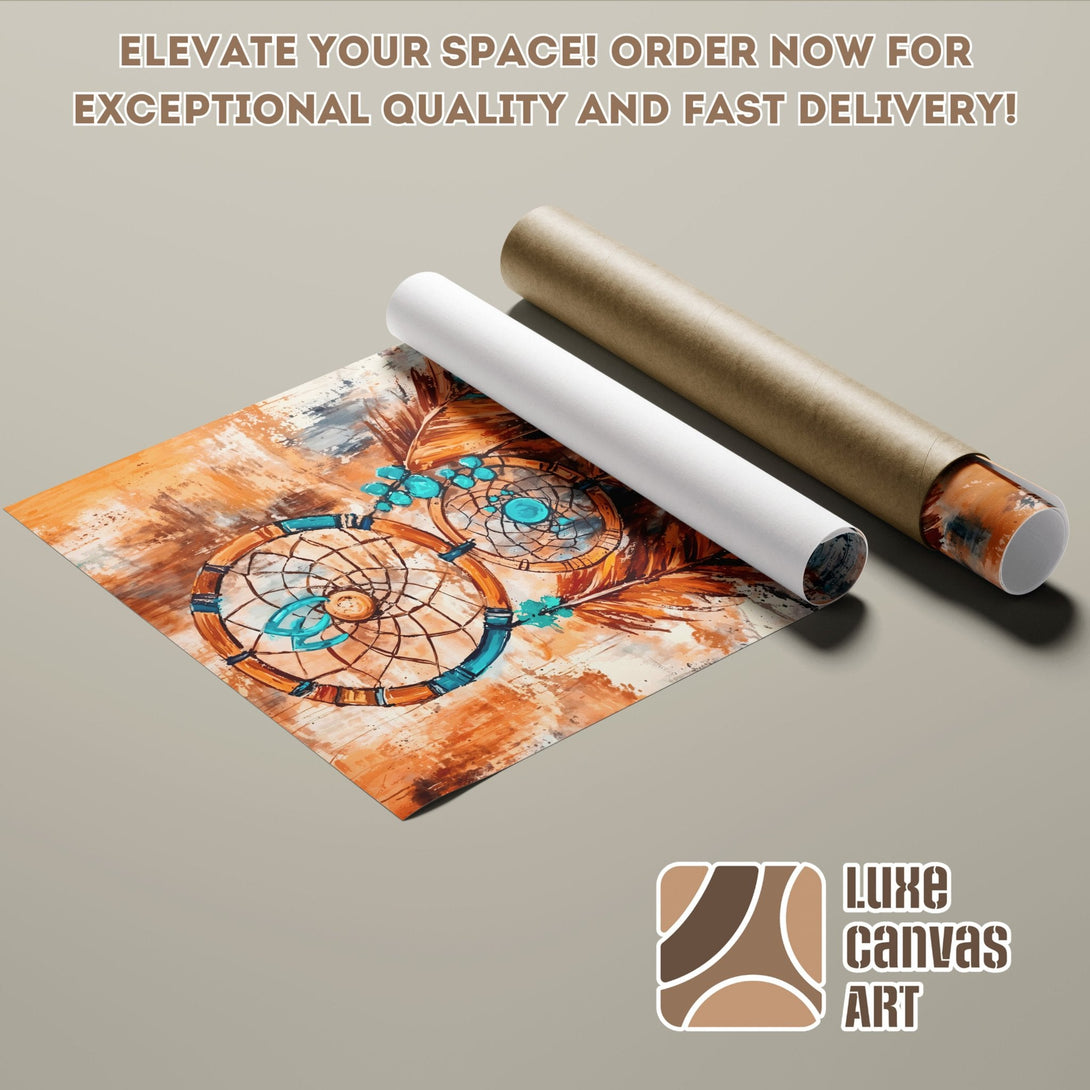 Dreamcatcher Poster Roll in warm earth tones and teal. Abstract art style. Elevate your space with Luxe Canvas Art.