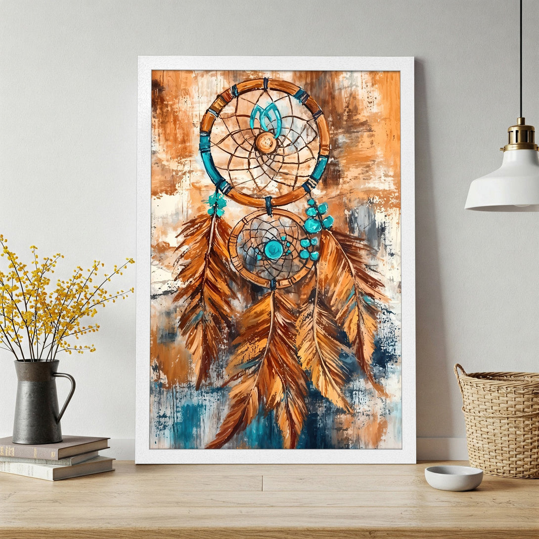Framed Poster featuring a dreamcatcher in an abstract style. Earthy tones of brown, orange, and blue create a calming aesthetic.