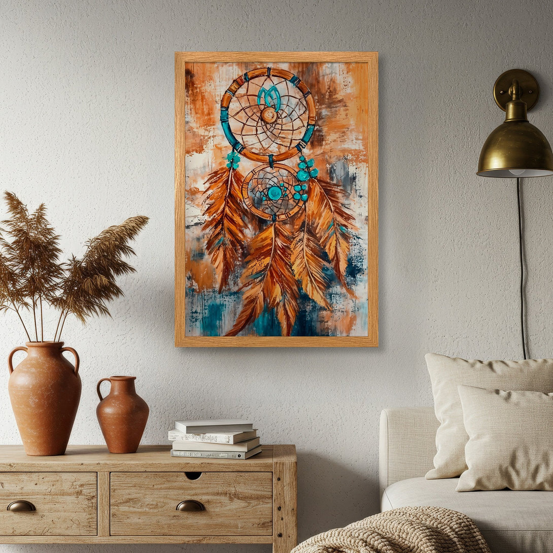 Framed Poster featuring a dreamcatcher in warm orange, teal, and brown tones, perfect for boho decor.