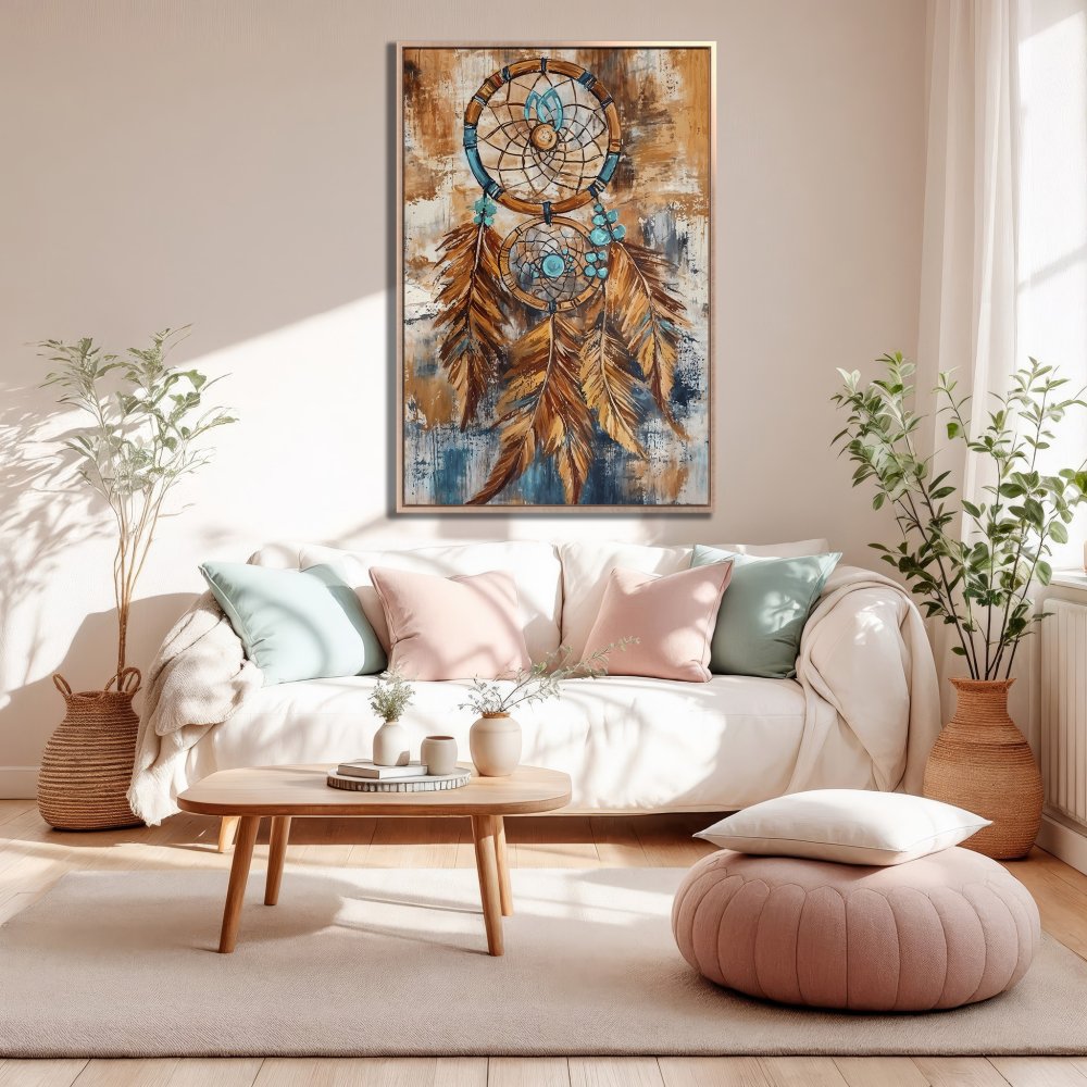 Framed Wall Art: Dreamcatcher painting in warm brown, blue, and gold tones. Perfect boho decor for your living room!