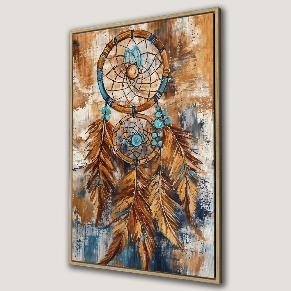 Framed Wall Art: Dreamcatcher painting in warm earth tones and teal accents. Boho style canvas print for a cozy, stylish home.