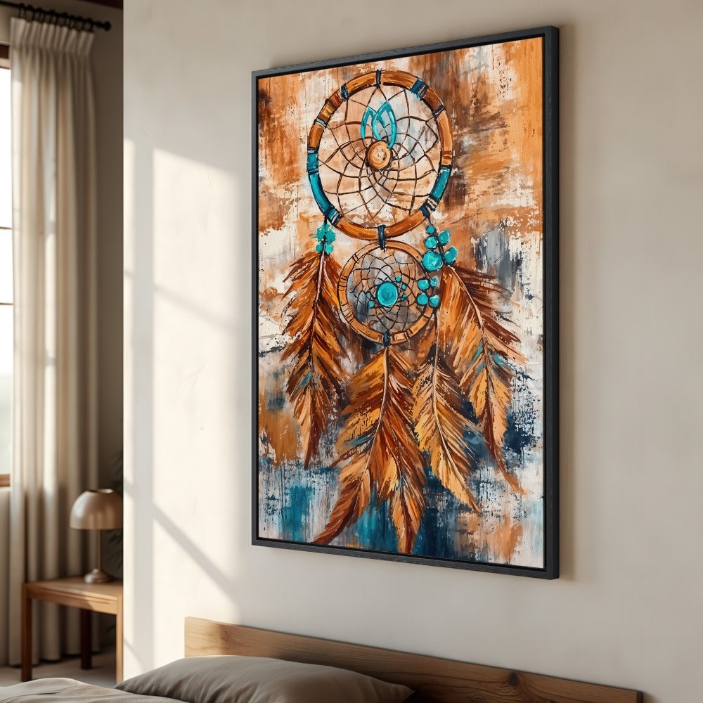 Framed Wall Art: Dreamcatcher Canvas Print in warm orange, teal, and brown tones. Boho style artwork for bedroom or living room decor.