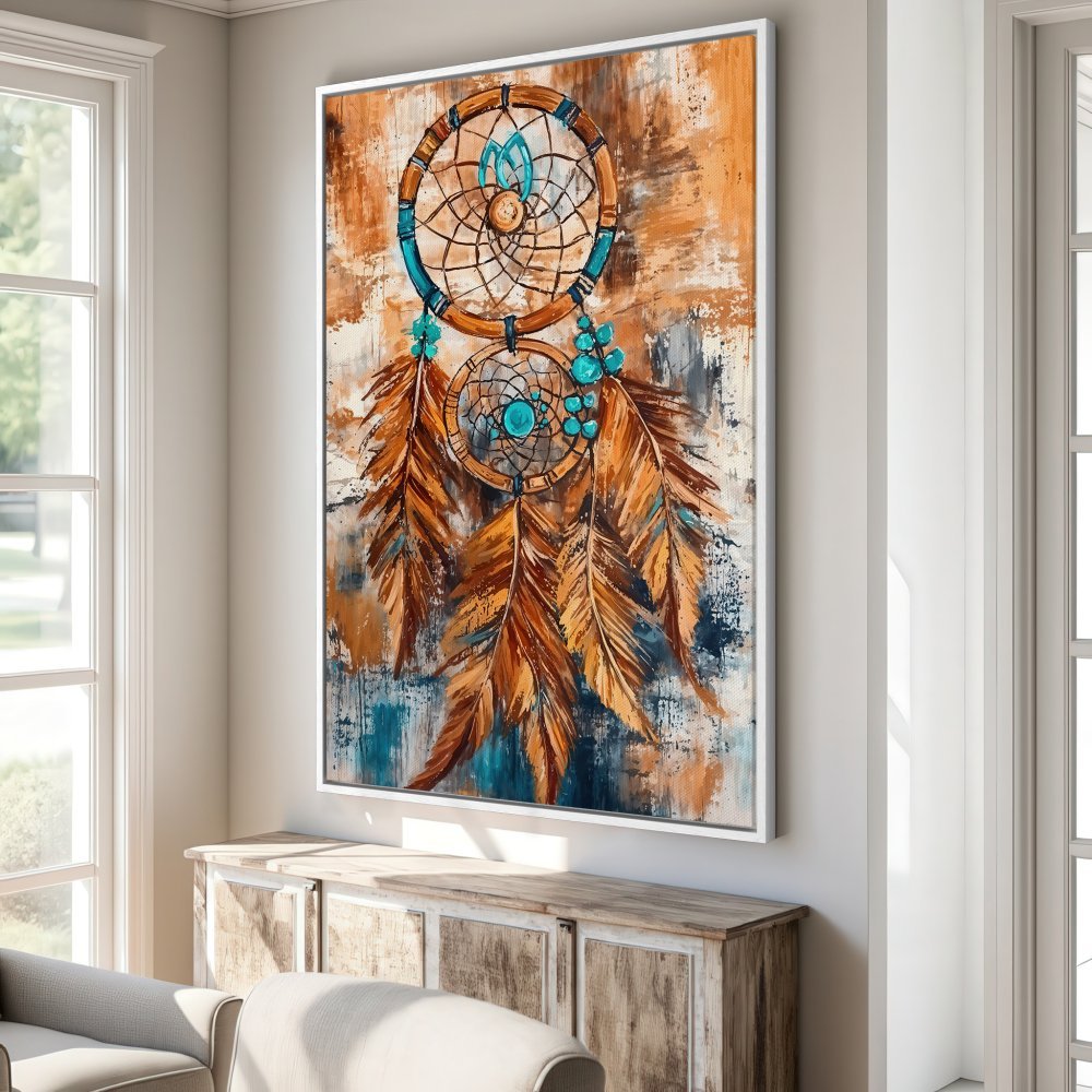Framed Wall Art: Dreamcatcher Canvas Print. Abstract boho art with warm orange, teal, and blue tones. Perfect for adding a touch of bohemian style to your home.