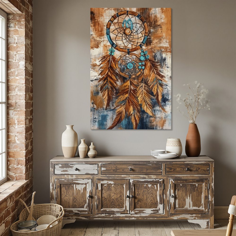 Framed Wall Art: Dreamcatcher painting in warm earth tones with teal accents. Perfect boho decor for your dining room.