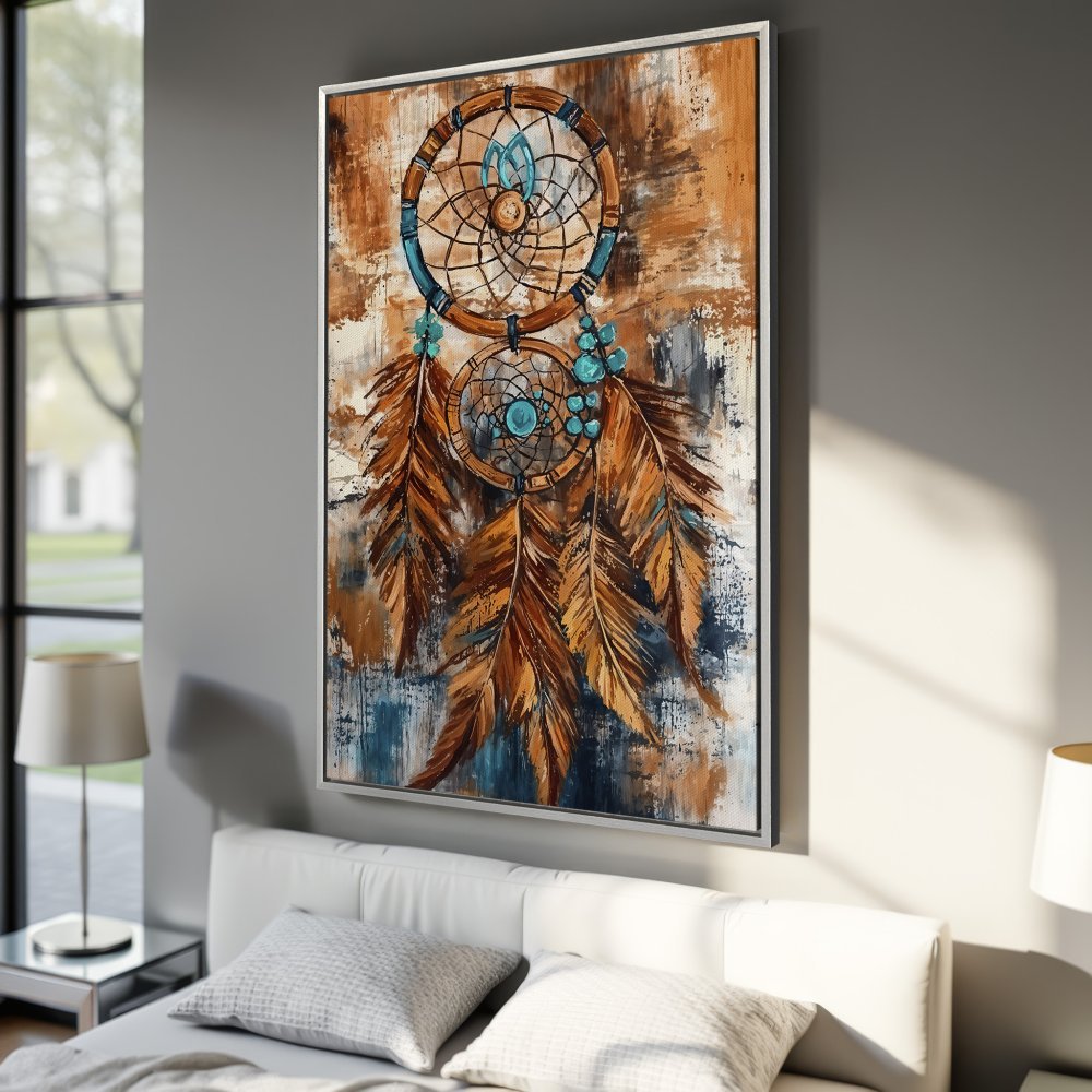 Framed Wall Art: Dreamcatcher painting in warm brown and blue tones. Boho style canvas print adds a touch of artistry to any room.