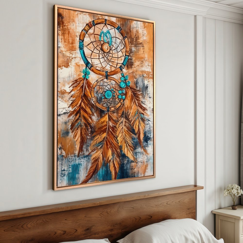 Framed Wall Art: Dreamcatcher painting in warm brown and turquoise hues. Boho style canvas print adds a touch of serenity to any room.