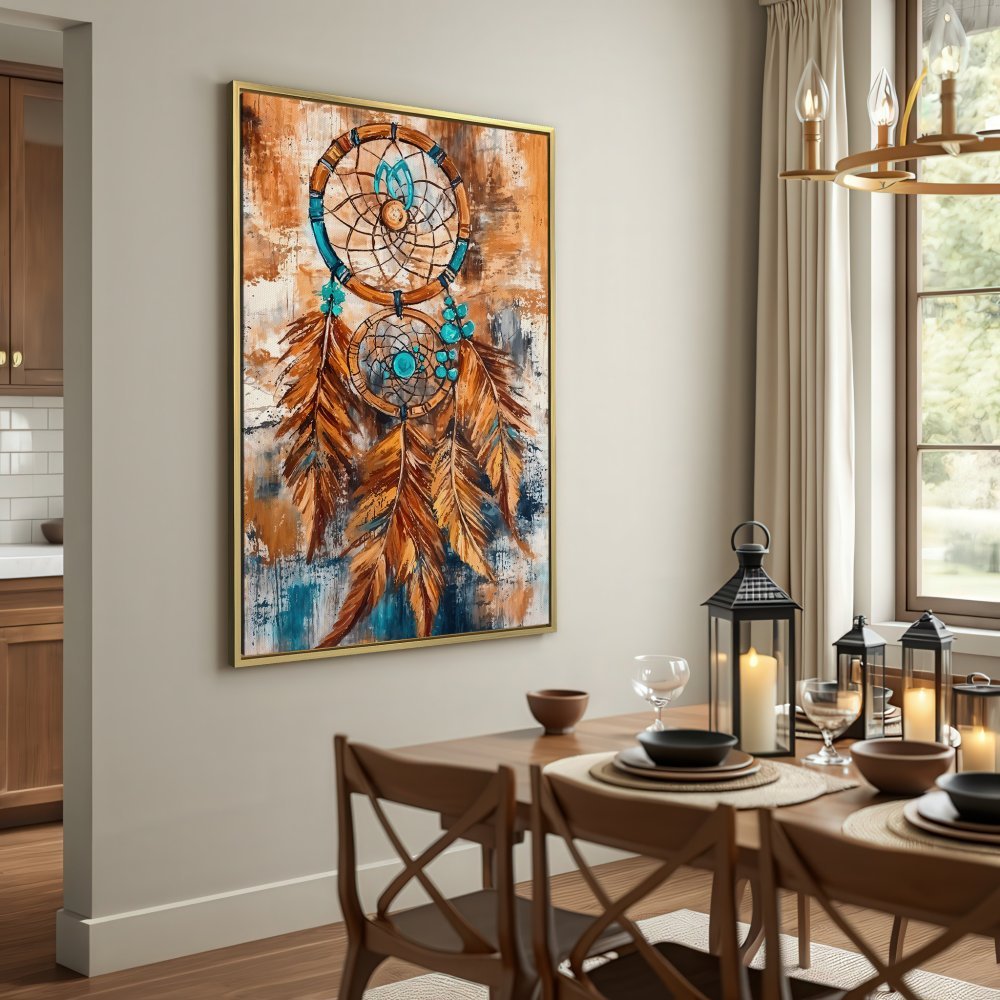 Dreamcatcher Canvas Print in warm earth tones. Boho wall art with blue accents. Perfect for adding a touch of serenity to your space.