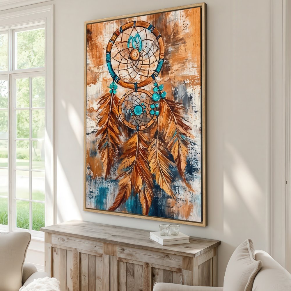 Framed Wall Art: Dreamcatcher Canvas Print with rustic, abstract style. Featuring warm orange, turquoise, and brown tones. Perfect boho home decor.