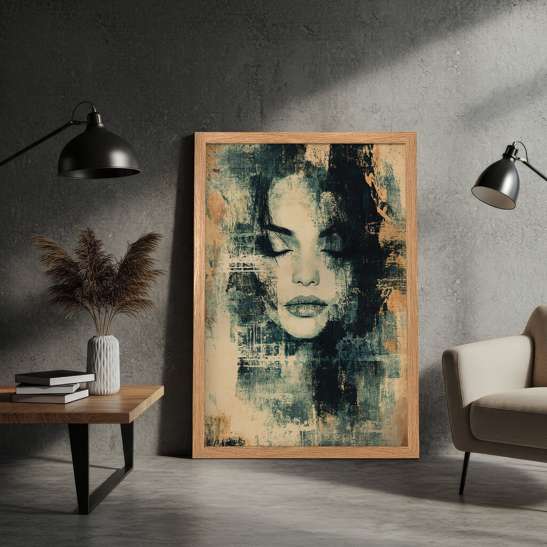 Framed Poster featuring a woman's face in an abstract style. The color palette includes blues, greens, and beige tones.