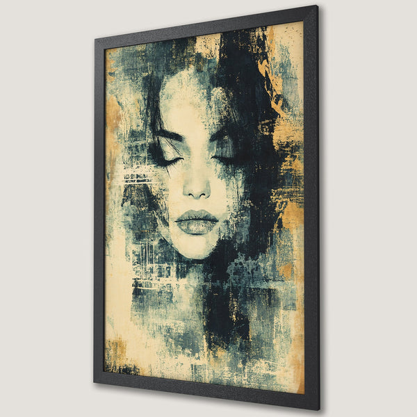 Framed Poster featuring a woman's face in an abstract style with a blue, beige, and black color palette. Perfect wall art!