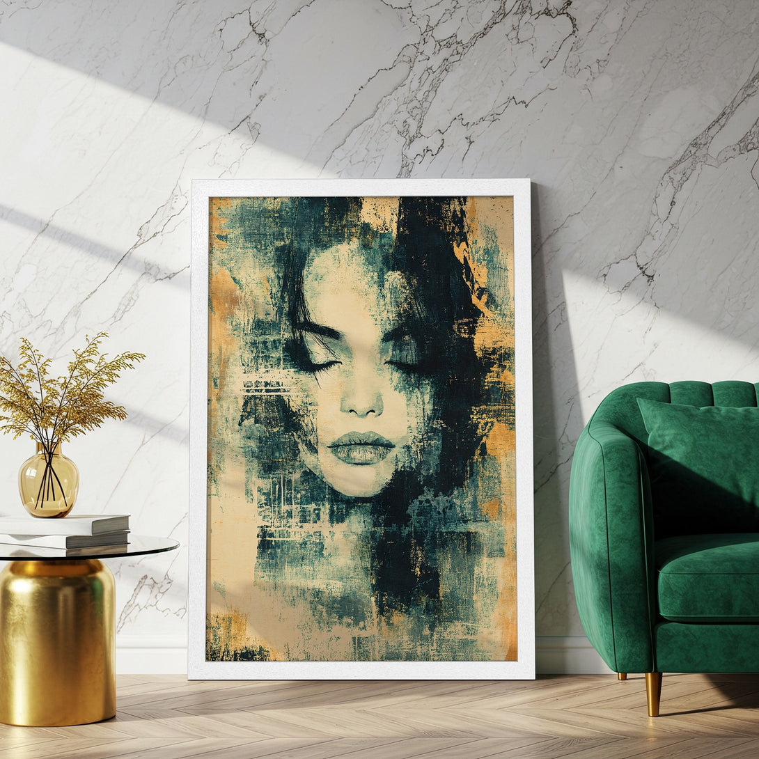 Framed Poster featuring an abstract woman's face. Artistic style with teal, gold, and beige color palette. Perfect wall art for any space.