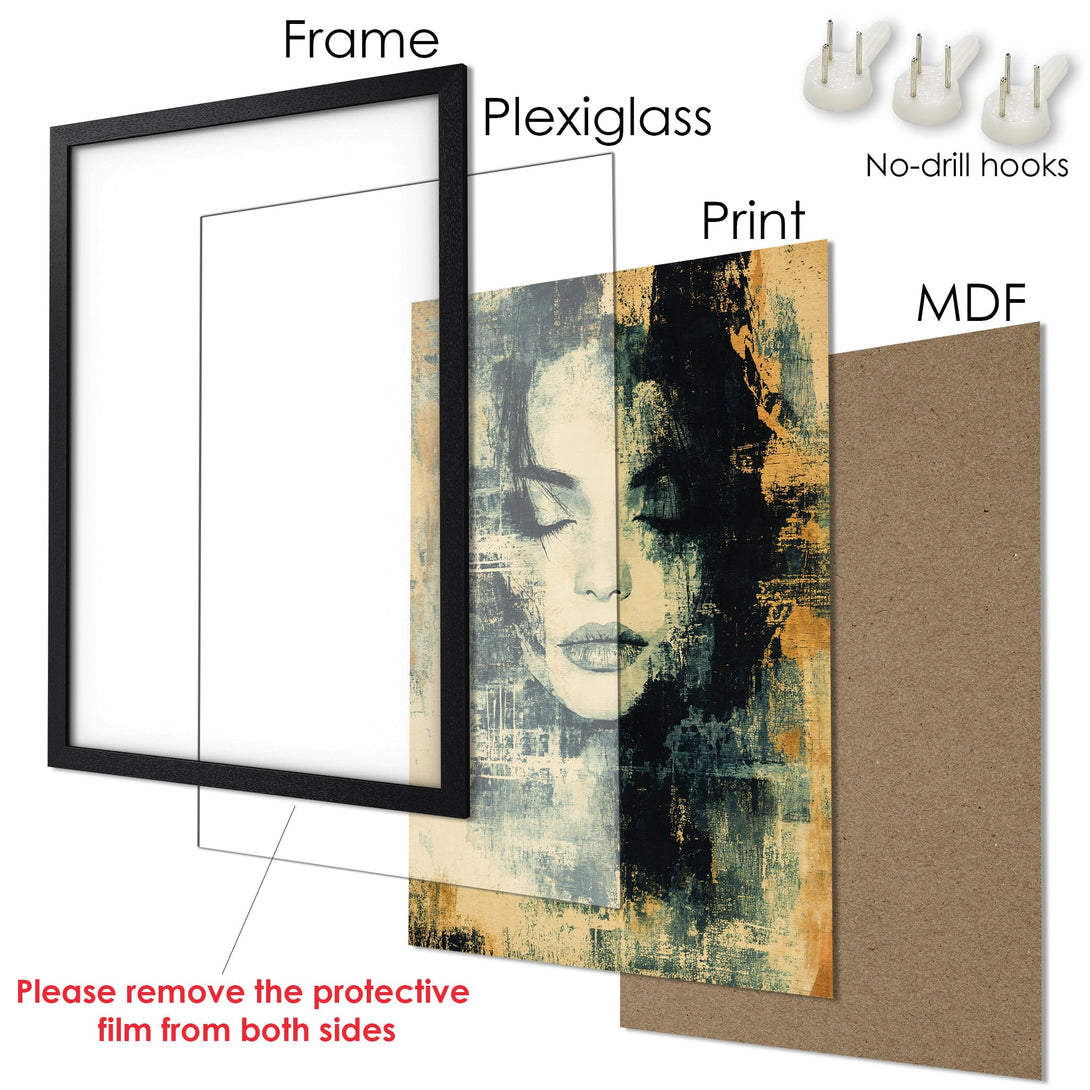Framed Poster featuring an abstract woman's face in a modern style with a muted color palette of blues, beige, and black. Ready to hang!
