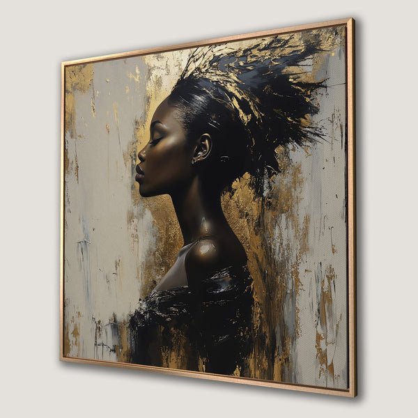 Framed Wall Art featuring a woman in profile, abstract style with black, gold, and neutral tones. Elevate your space with this stunning canvas print.