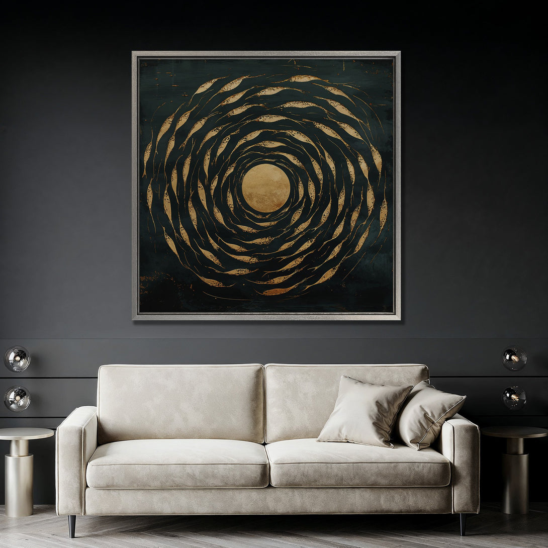 Framed Wall Art: Abstract gold leaf design on dark teal canvas. Modern artwork with a neutral color palette, perfect for living room decor.