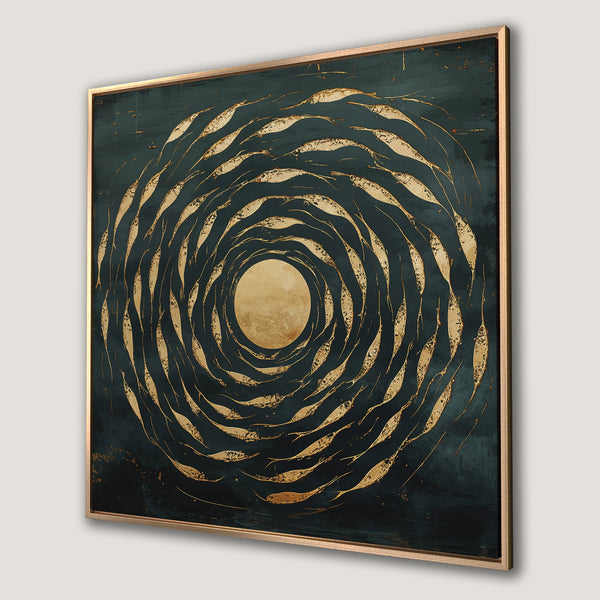Framed Wall Art: Abstract gold leaf design on a dark teal canvas print. Modern art for a stylish home.