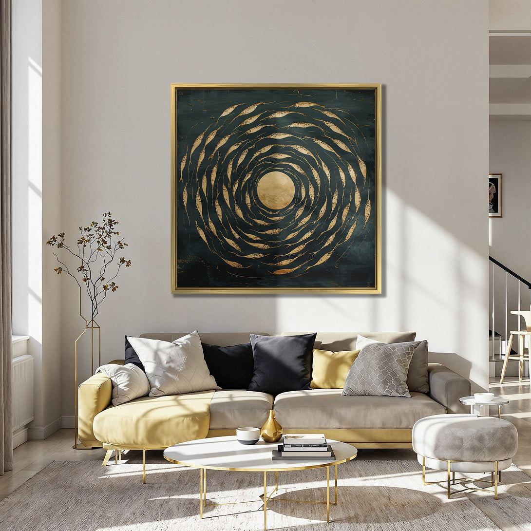 Canvas Print: Abstract gold art on a teal background, displayed in a modern living room with red chairs. Perfect wall decor!