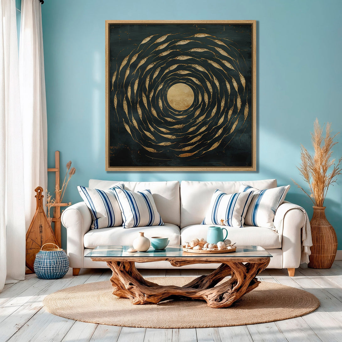 Framed Wall Art featuring a gold abstract spiral design. Modern art with a dark teal and gold color palette. Perfect for coastal or boho decor.