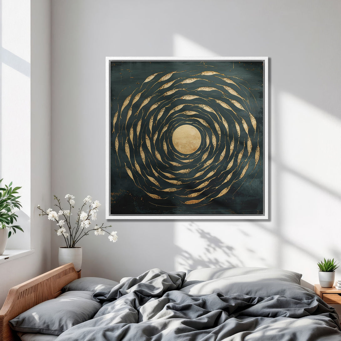 Framed Wall Art: Abstract gold spiral design on a dark teal background. Modern art print perfect for bedroom decor.
