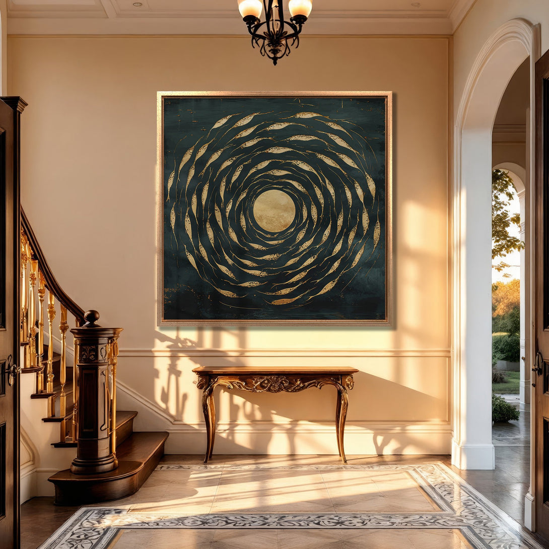 Framed Wall Art: Abstract gold & teal canvas print in a luxurious interior. Modern art with a calming, elegant color palette. Enhance your home decor today!