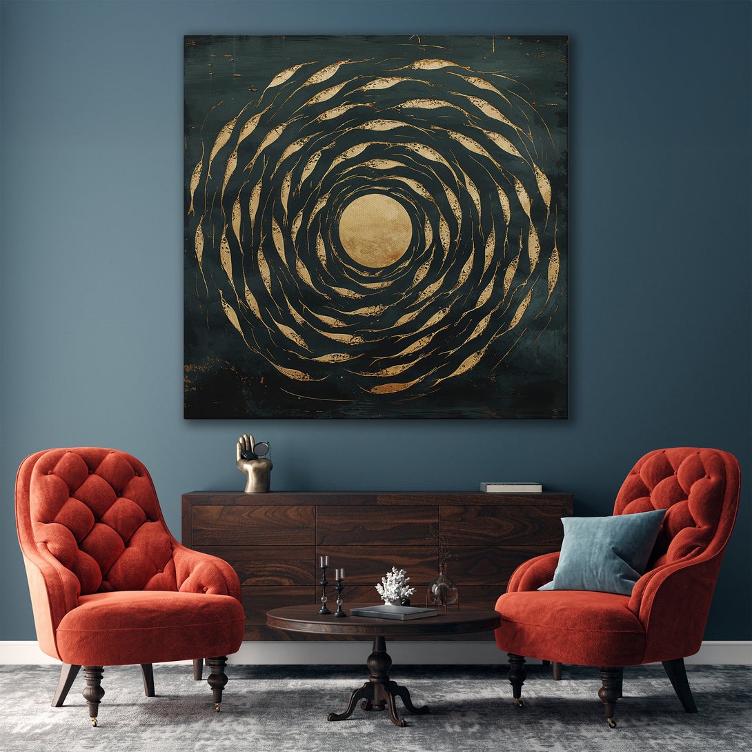 Framed Wall Art: Abstract gold spiral design on a teal background. Modern art piece adds a touch of elegance to any interior. Shop now!