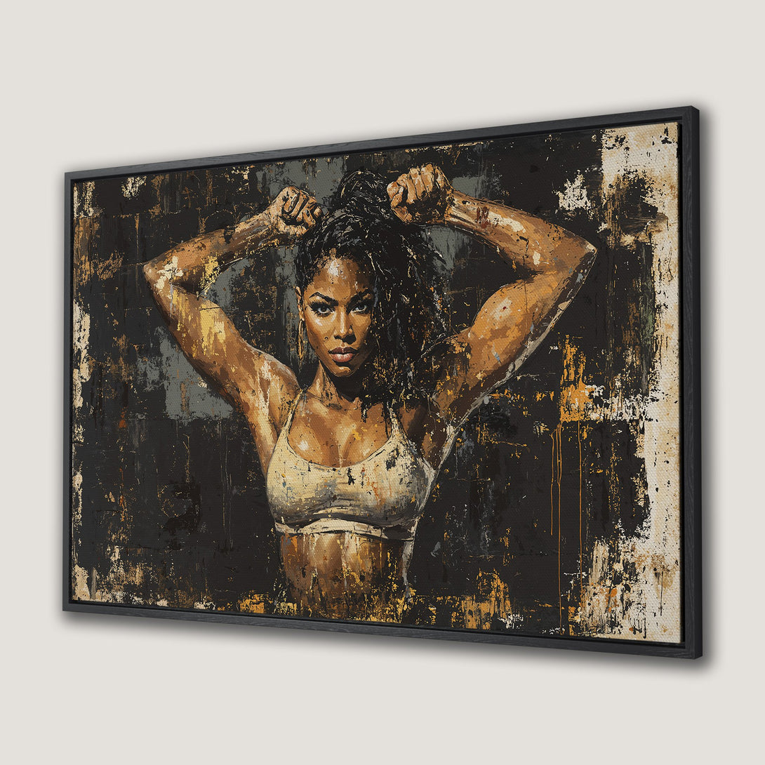 Framed Wall Art: Powerful woman portrait in abstract style with a dark, warm color palette. Elevate your space with this stunning canvas print.