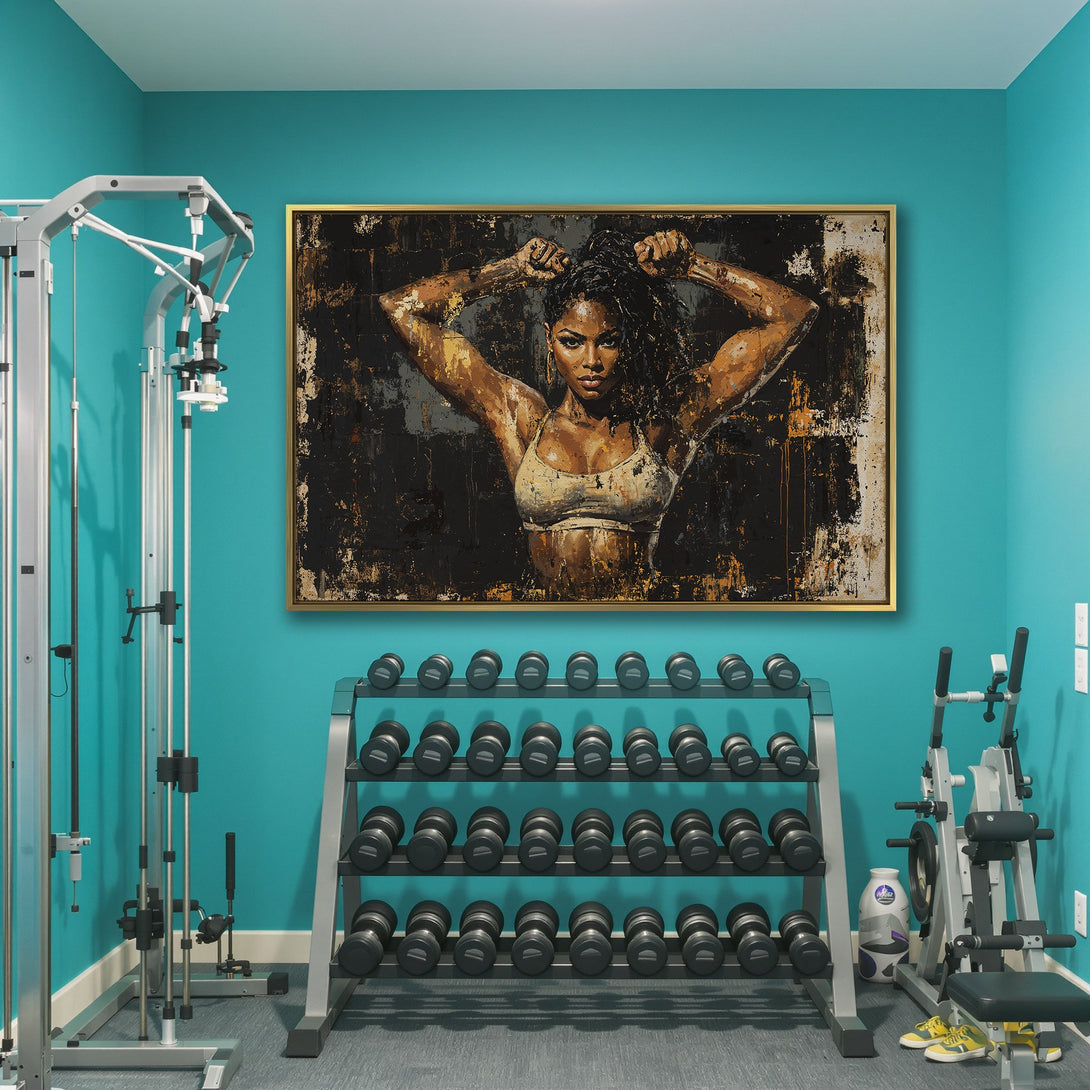 Canvas Print of a strong woman in a gym, abstract style with a dark, warm color palette. Perfect for modern home decor.