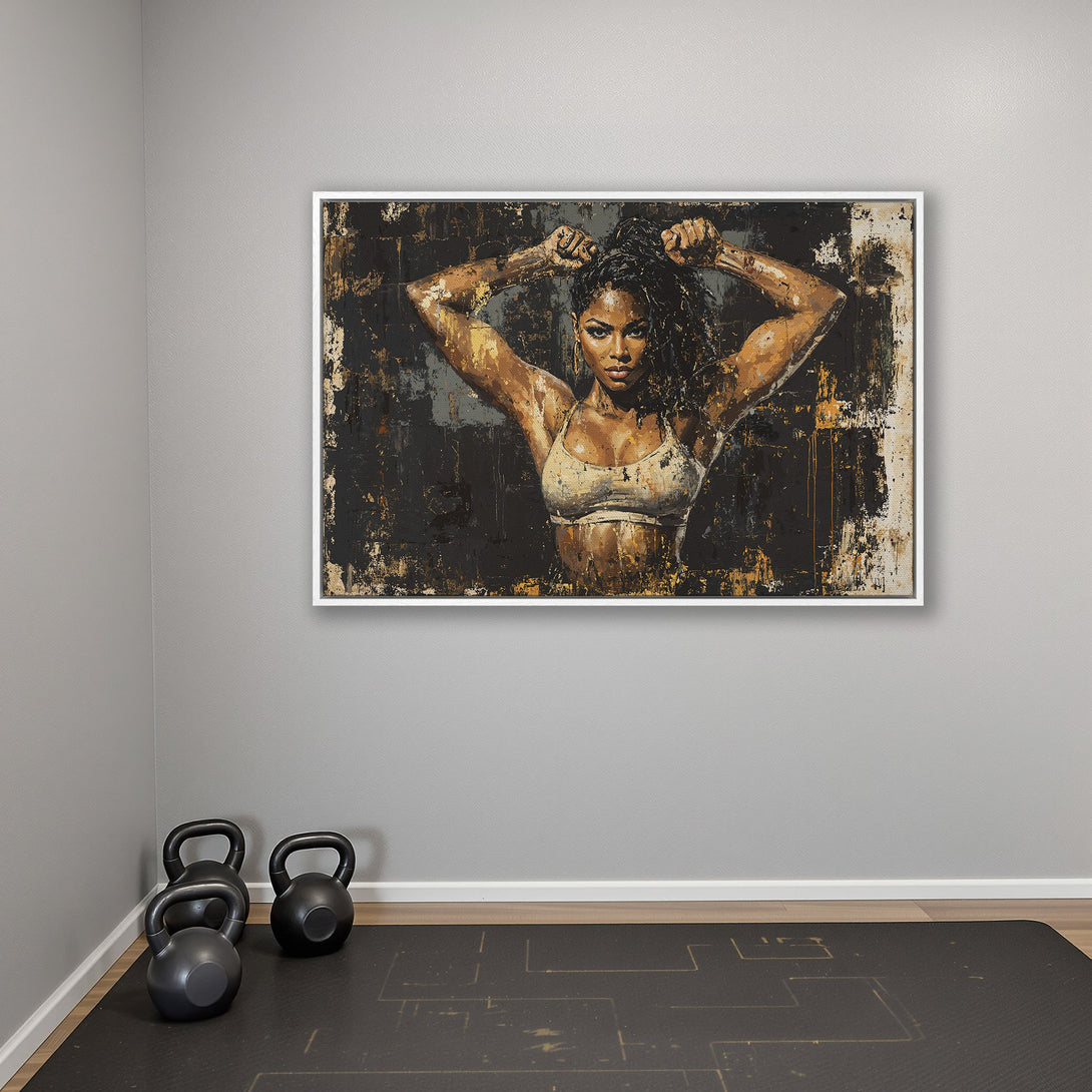 Framed Wall Art featuring an abstract portrait of a woman in a gym. Bold black, gold, and neutral tones create a striking, modern aesthetic. Perfect for home gym decor!