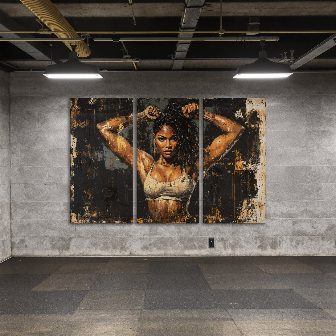 Canvas Print of a strong woman in a grunge style, with a black, brown, and gold color palette. Perfect for modern wall decor.