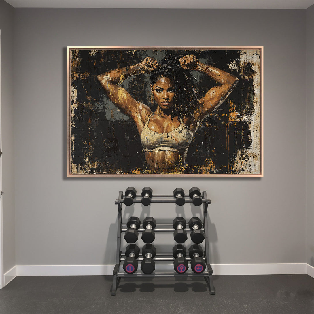 Framed Wall Art: Abstract portrait of a woman in a gym. Bold black, gold, and brown palette. Perfect for home gyms or fitness spaces.