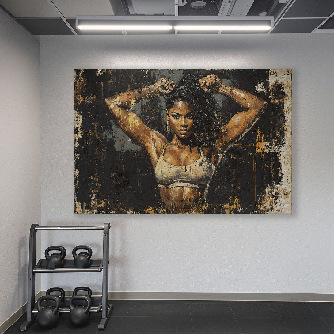 Framed Wall Art: Abstract portrait of a woman in a gym. Earthy tones against a teal wall. Modern art for your home gym.