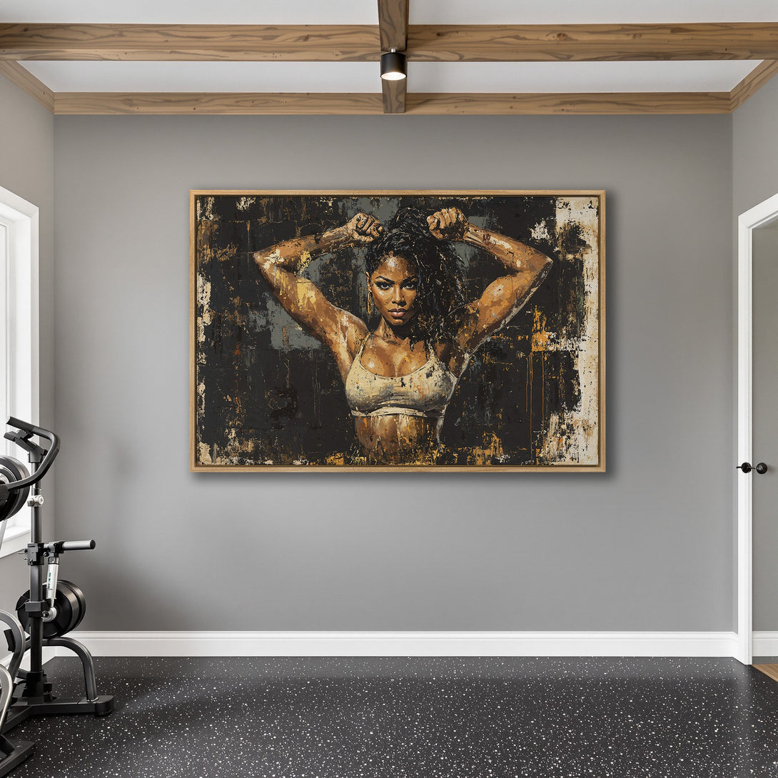 Framed Wall Art featuring an abstract portrait of a woman. Bold, textured style with a dark, earthy color palette. Perfect for home gyms or modern spaces.